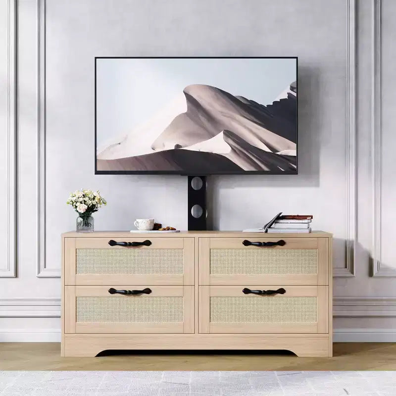 Meuble TV commode avec tiroirs et portes en rotin