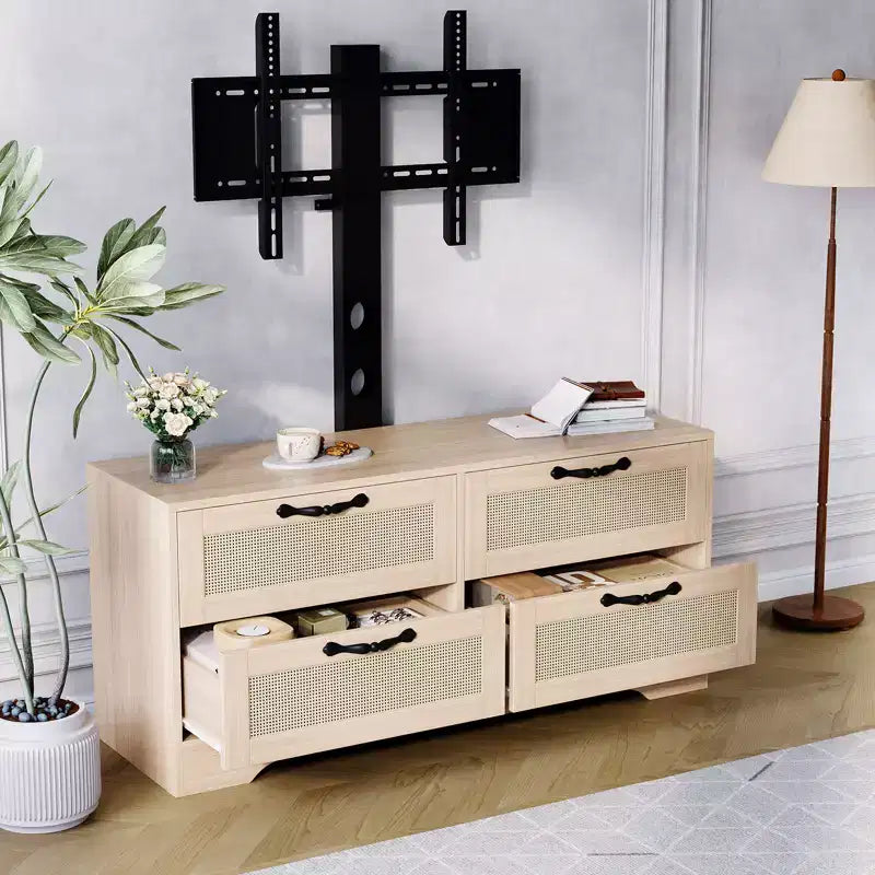 Meuble TV commode avec tiroirs et portes en rotin
