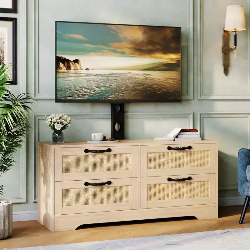 Meuble TV commode avec tiroirs et portes en rotin