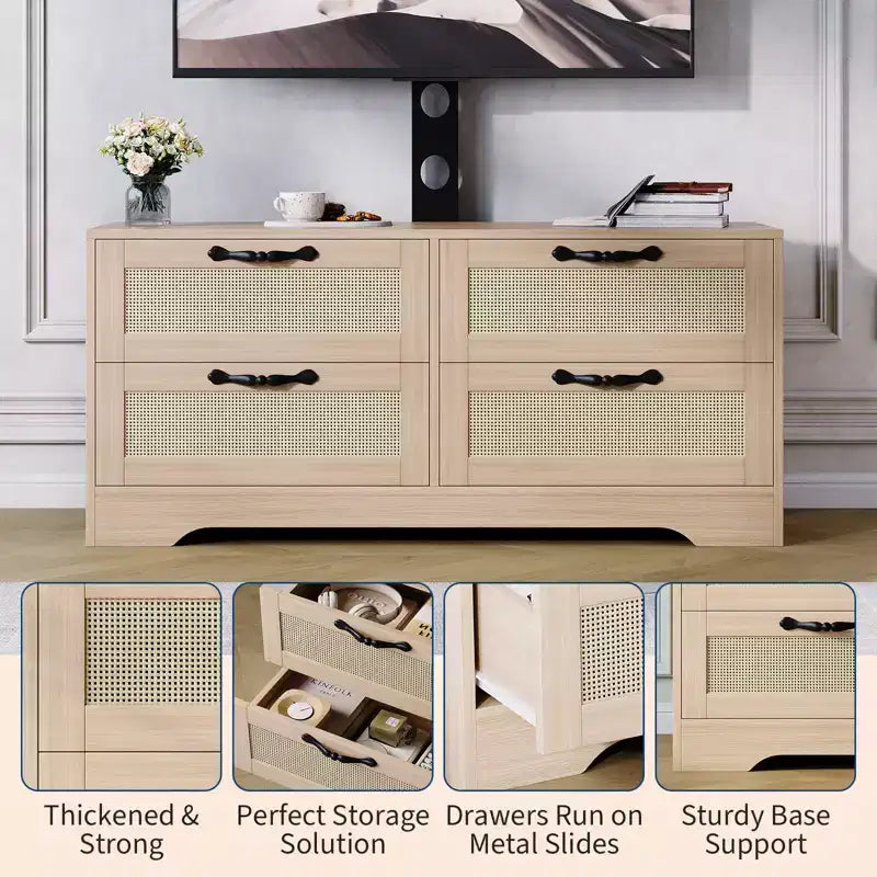 Meuble TV commode avec tiroirs et portes en rotin