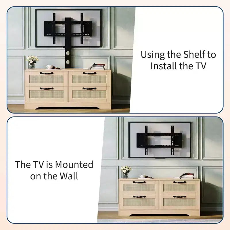 Meuble TV commode avec tiroirs et portes en rotin