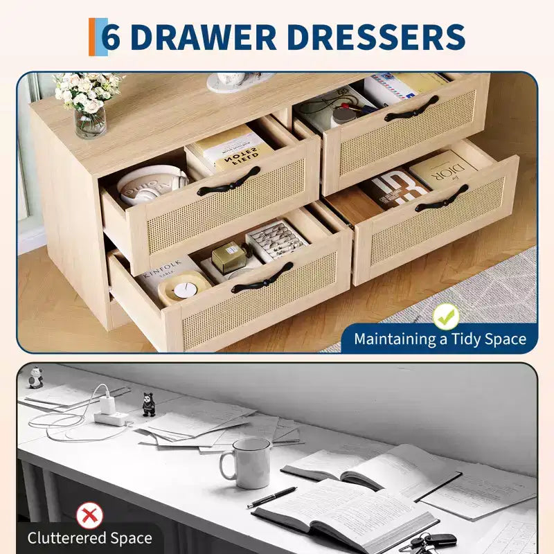 Meuble TV commode avec tiroirs et portes en rotin