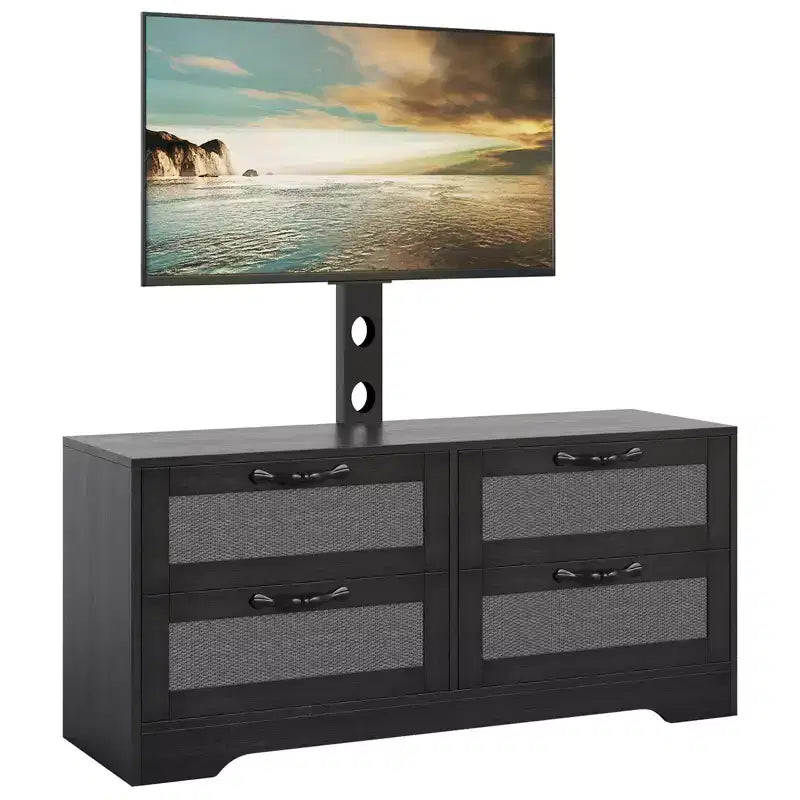 Meuble TV commode avec tiroirs et portes en rotin
