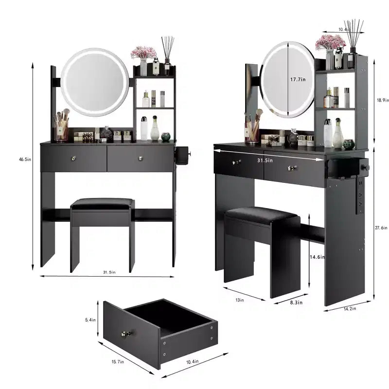Coiffeuse de luxe de 43 cm avec miroir LED, rangement organisé, multiprise intégrée, support pour sèche-cheveux et tabouret assorti pour chambre à coucher