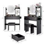Coiffeuse de luxe de 43 cm avec miroir LED, rangement organisé, multiprise intégrée, support pour sèche-cheveux et tabouret assorti pour chambre à coucher