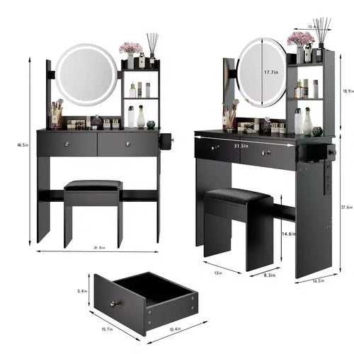 Coiffeuse de luxe de 43 cm avec miroir LED, rangement organisé, multiprise intégrée, support pour sèche-cheveux et tabouret assorti pour chambre à coucher