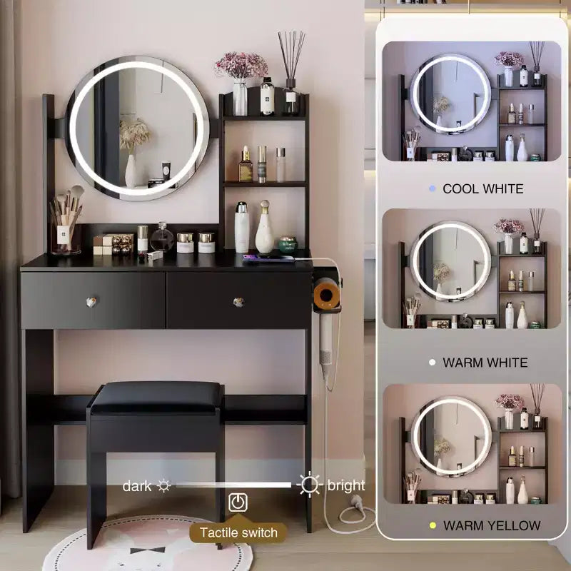 Coiffeuse de luxe de 43 cm avec miroir LED, rangement organisé, multiprise intégrée, support pour sèche-cheveux et tabouret assorti pour chambre à coucher