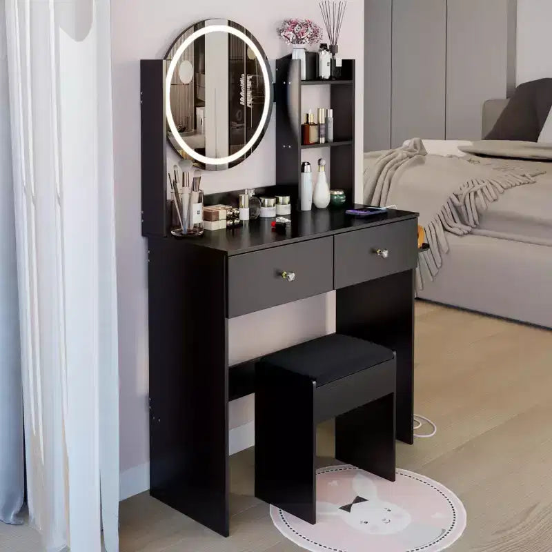 Coiffeuse de luxe de 43 cm avec miroir LED, rangement organisé, multiprise intégrée, support pour sèche-cheveux et tabouret assorti pour chambre à coucher