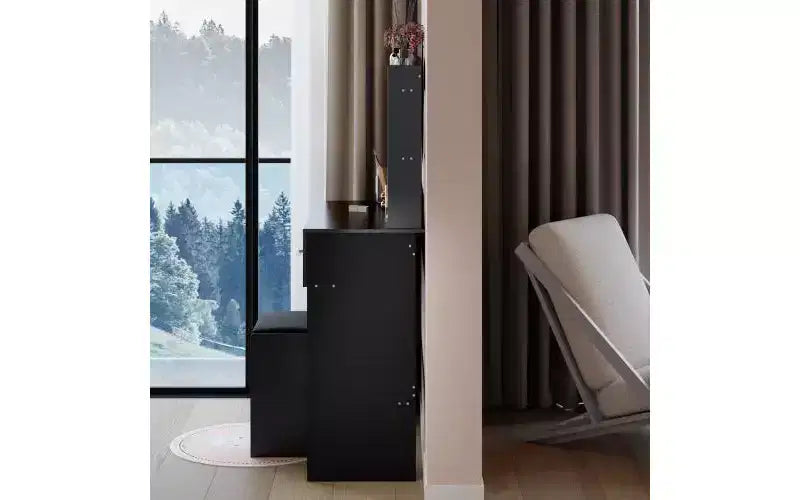 Coiffeuse de luxe de 43 cm avec miroir LED, rangement organisé, multiprise intégrée, support pour sèche-cheveux et tabouret assorti pour chambre à coucher