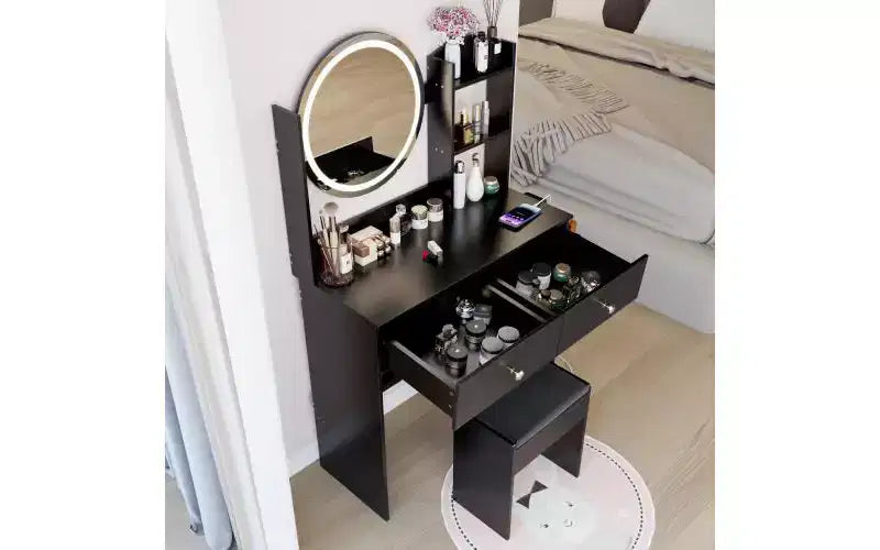 Coiffeuse de luxe de 43 cm avec miroir LED, rangement organisé, multiprise intégrée, support pour sèche-cheveux et tabouret assorti pour chambre à coucher