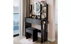 Coiffeuse de luxe de 43 cm avec miroir LED, rangement organisé, multiprise intégrée, support pour sèche-cheveux et tabouret assorti pour chambre à coucher