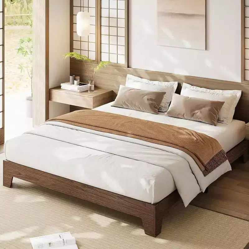 Cadre de lit en bois, lit minimaliste avec lattes en bois, rangement sous le lit, pas besoin de sommier tapissier, silencieux et facile à assembler, noyer