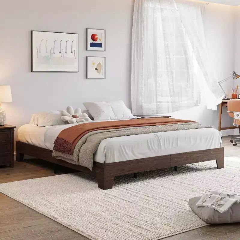 Cadre de lit en bois, lit minimaliste avec lattes en bois, rangement sous le lit, pas besoin de sommier tapissier, silencieux et facile à assembler, noyer
