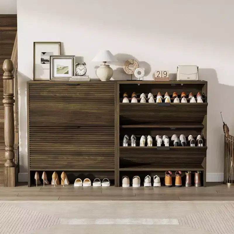 Meuble à chaussures cannelé avec 2 tiroirs basculants, meuble à chaussures haut sur pied dissimulé pour entrée, couloir et salon