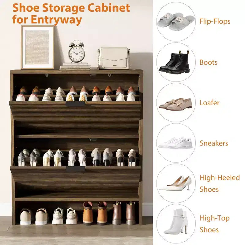 Meuble à chaussures cannelé avec 2 tiroirs basculants, meuble à chaussures haut sur pied dissimulé pour entrée, couloir et salon