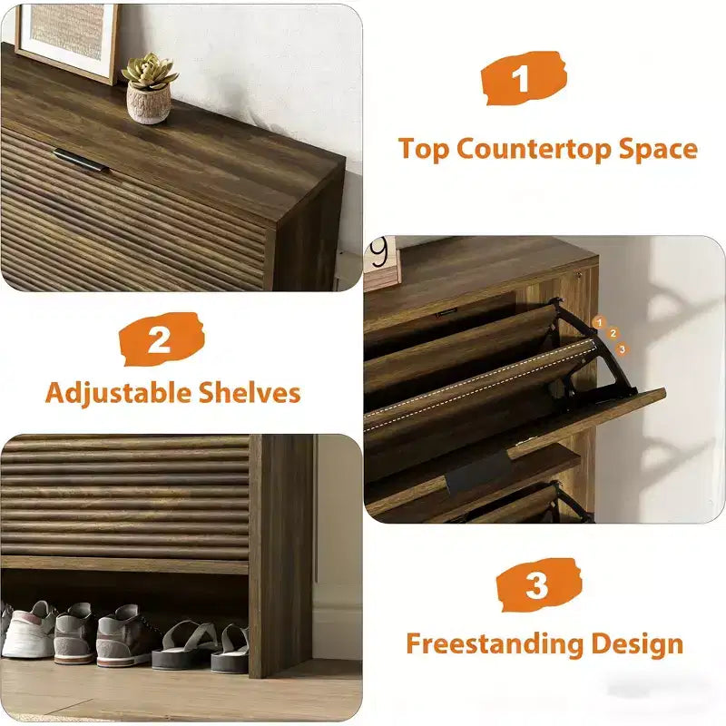 Meuble à chaussures cannelé avec 2 tiroirs basculants, meuble à chaussures haut sur pied dissimulé pour entrée, couloir et salon
