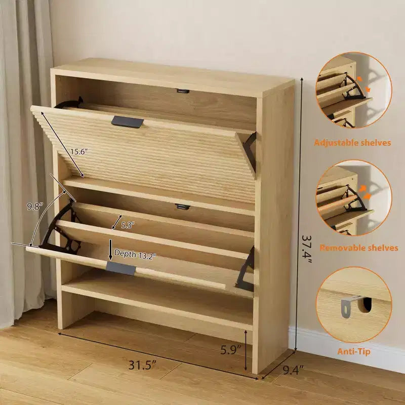 Meuble à chaussures cannelé avec 2 tiroirs basculants, meuble à chaussures haut sur pied dissimulé pour entrée, couloir et salon