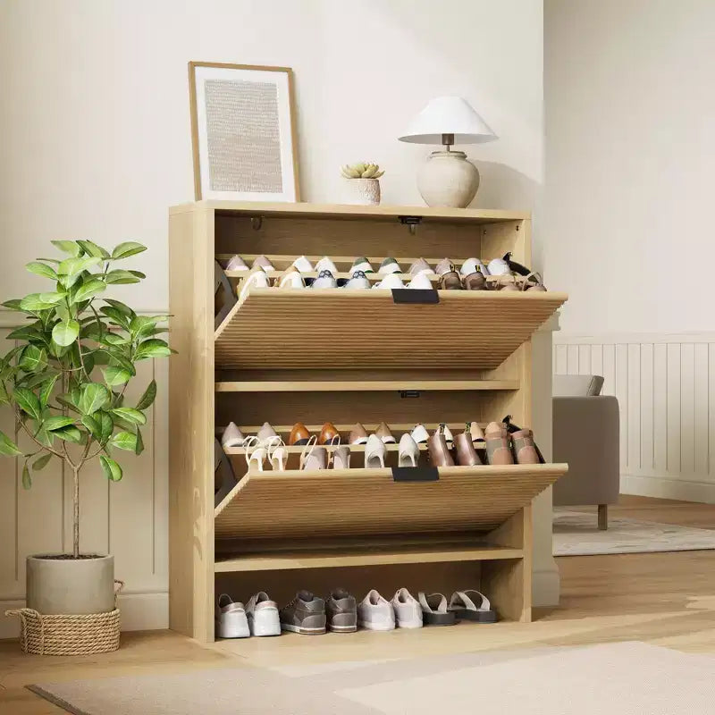 Meuble à chaussures cannelé avec 2 tiroirs basculants, meuble à chaussures haut sur pied dissimulé pour entrée, couloir et salon