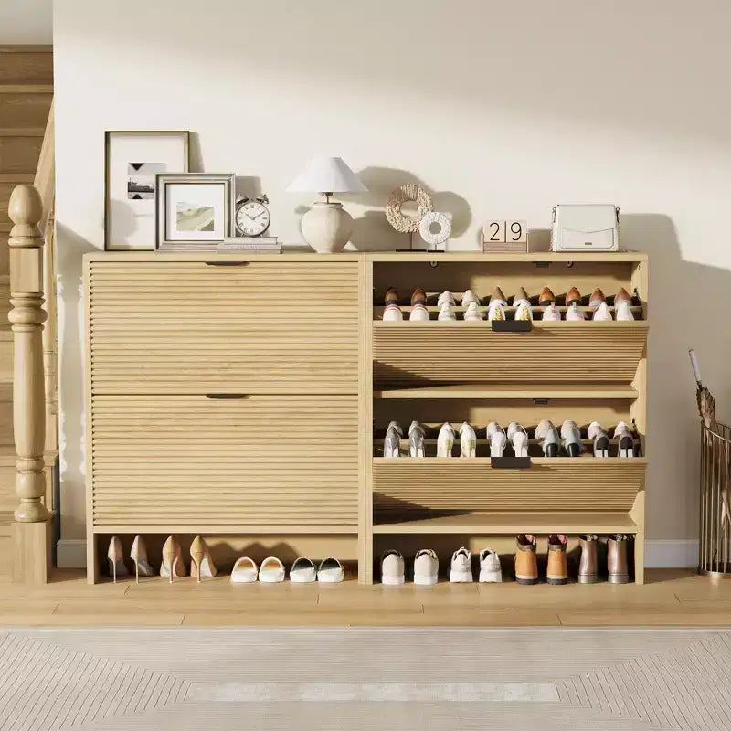 Meuble à chaussures cannelé avec 2 tiroirs basculants, meuble à chaussures haut sur pied dissimulé pour entrée, couloir et salon