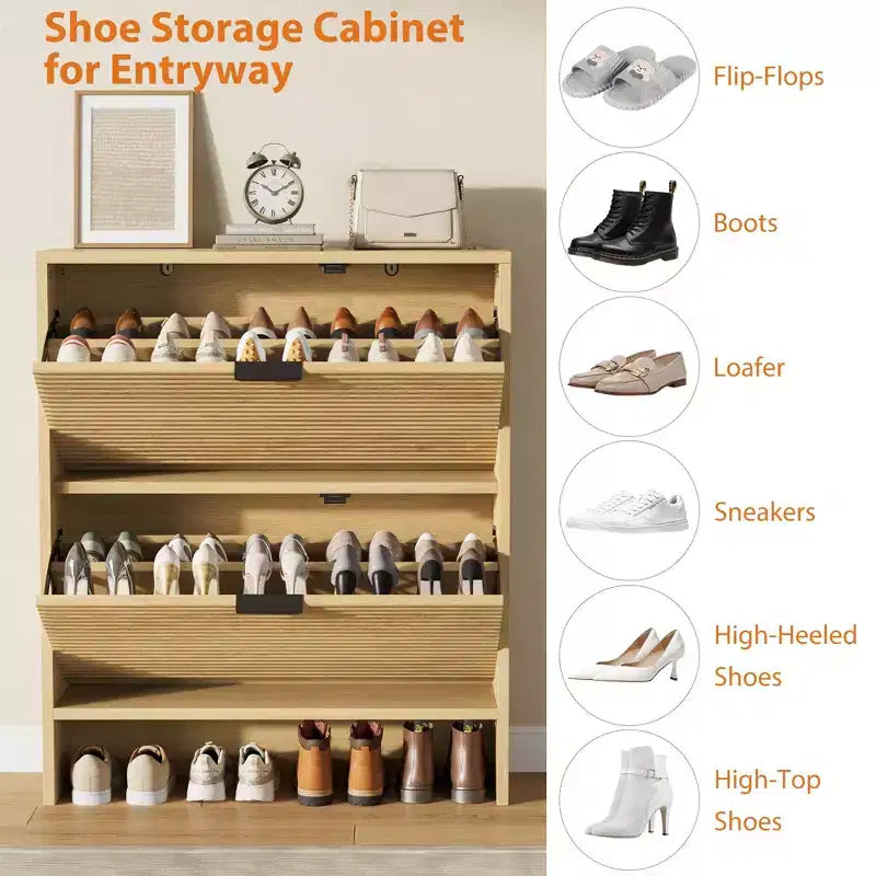 Meuble à chaussures cannelé avec 2 tiroirs basculants, meuble à chaussures haut sur pied dissimulé pour entrée, couloir et salon