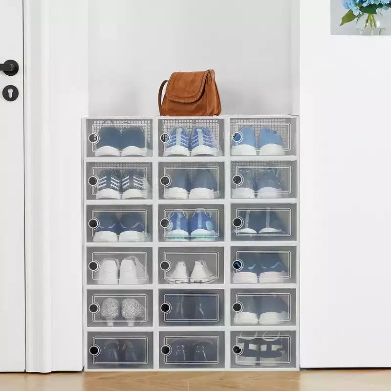 Lot de 18 grandes boîtes de rangement à chaussures empilables en plastique transparent avec porte à charnière, convient aux baskets et chaussures, 36,1 x 25,9 x 20,1 cm