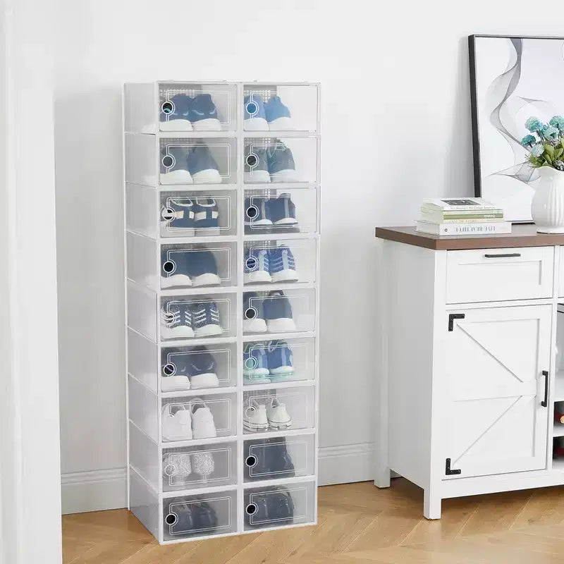 Lot de 18 grandes boîtes de rangement à chaussures empilables en plastique transparent avec porte à charnière, convient aux baskets et chaussures, 36,1 x 25,9 x 20,1 cm