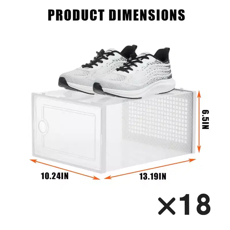 Lot de 18 grandes boîtes de rangement à chaussures empilables en plastique transparent avec porte à charnière, convient aux baskets et chaussures, 36,1 x 25,9 x 20,1 cm