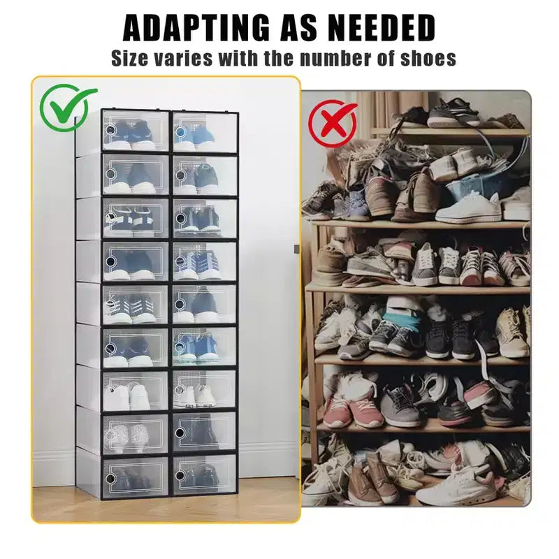 Lot de 18 grandes boîtes de rangement à chaussures empilables en plastique transparent avec porte à charnière, convient aux baskets et chaussures, 36,1 x 25,9 x 20,1 cm