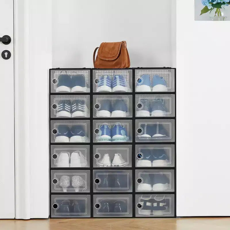 Lot de 18 grandes boîtes de rangement à chaussures empilables en plastique transparent avec porte à charnière, convient aux baskets et chaussures, 36,1 x 25,9 x 20,1 cm