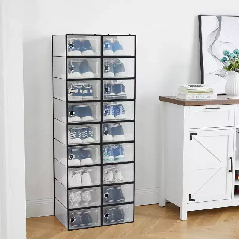 Lot de 18 grandes boîtes de rangement à chaussures empilables en plastique transparent avec porte à charnière, convient aux baskets et chaussures, 36,1 x 25,9 x 20,1 cm