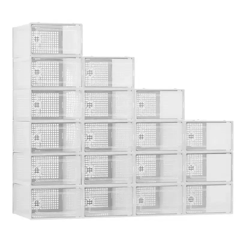 Lot de 18 grandes boîtes de rangement à chaussures empilables en plastique transparent avec porte à charnière, convient aux baskets et chaussures, 36,1 x 25,9 x 20,1 cm