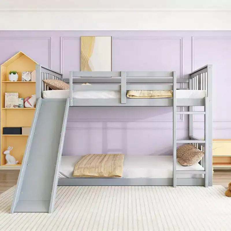 Luxystar Twin over Twin Low Wooden Bunk Bed with Reversible Slide for Kids' Room