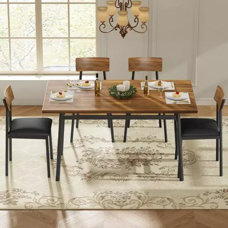 Ensemble table de salle à manger en bois 5 pièces pour 4 personnes, table à bords lisses avec 4 chaises rembourrées, ensemble compact pour appartement et petits espaces