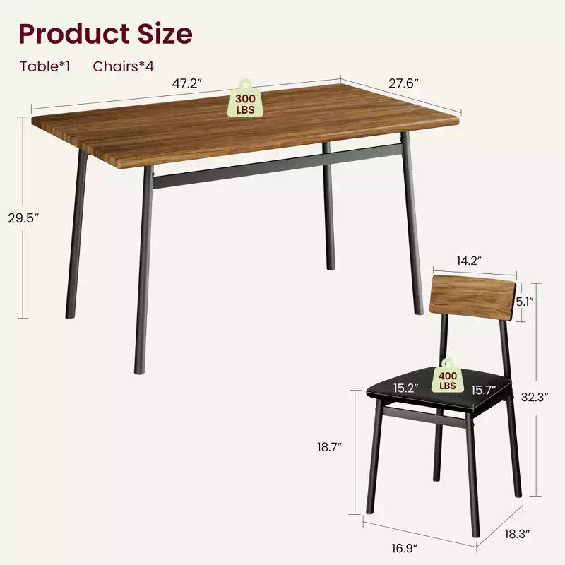 Ensemble table de salle à manger en bois 5 pièces pour 4 personnes, table à bords lisses avec 4 chaises rembourrées, ensemble compact pour appartement et petits espaces
