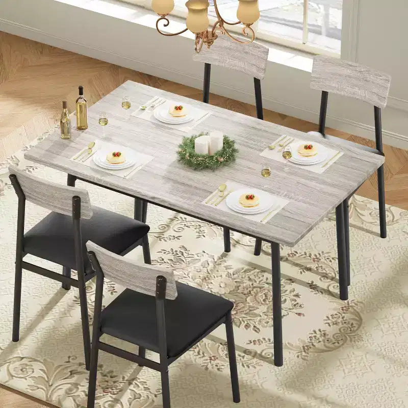 Ensemble table de salle à manger en bois 5 pièces pour 4 personnes, table à bords lisses avec 4 chaises rembourrées, ensemble compact pour appartement et petits espaces