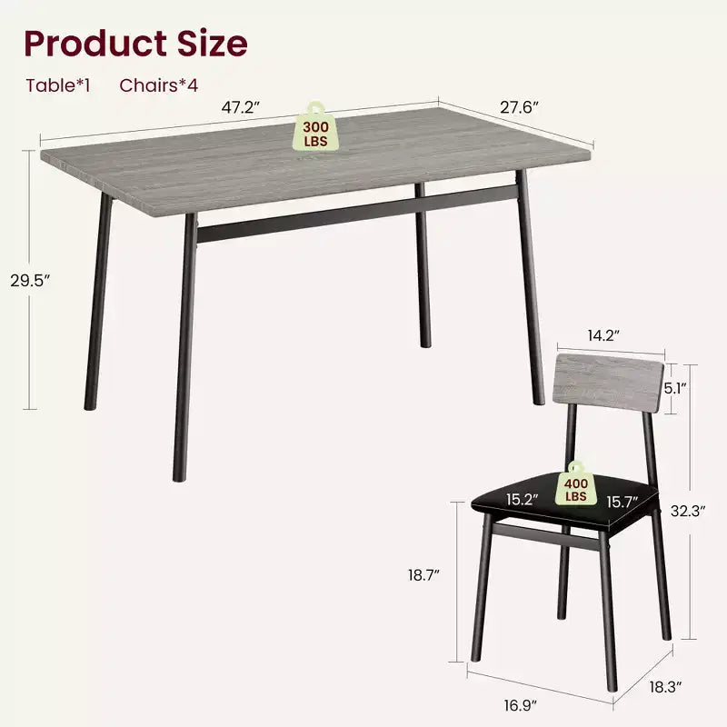 Ensemble table de salle à manger en bois 5 pièces pour 4 personnes, table à bords lisses avec 4 chaises rembourrées, ensemble compact pour appartement et petits espaces