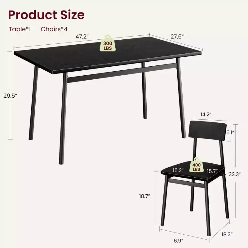 Ensemble table de salle à manger en bois 5 pièces pour 4 personnes, table à bords lisses avec 4 chaises rembourrées, ensemble compact pour appartement et petits espaces