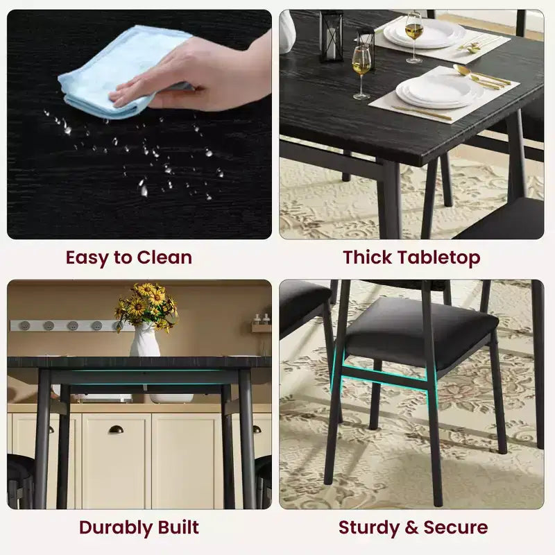 Ensemble table de salle à manger en bois 5 pièces pour 4 personnes, table à bords lisses avec 4 chaises rembourrées, ensemble compact pour appartement et petits espaces