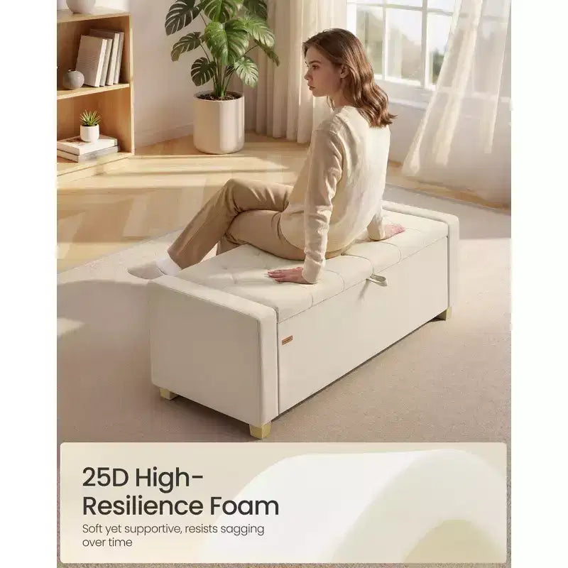 Banc de rangement ottoman, banc de rangement avec pieds, bout de lit avec charnières de sécurité, tirette, tissu aspect lin