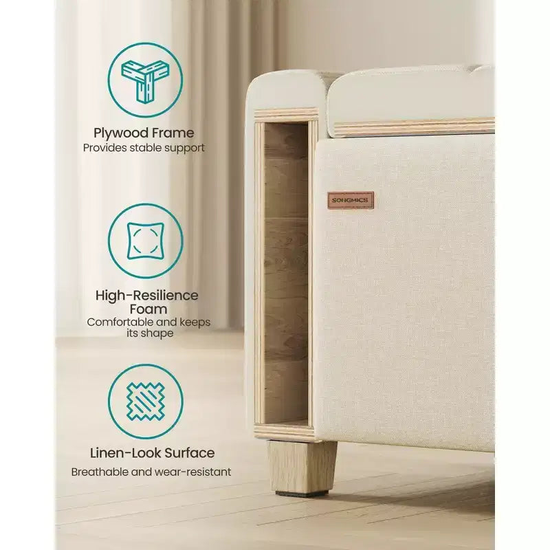 Banc de rangement ottoman, banc de rangement avec pieds, bout de lit avec charnières de sécurité, tirette, tissu aspect lin