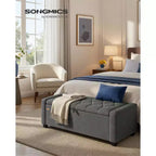 Banc de rangement ottoman, banc de rangement avec pieds, bout de lit avec charnières de sécurité, tirette, tissu aspect lin