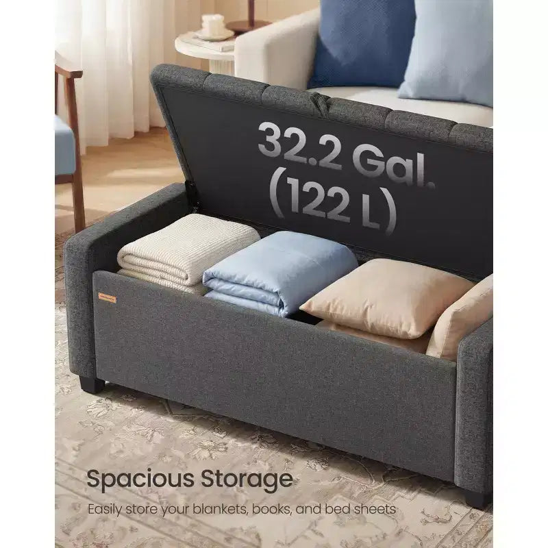 Banc de rangement ottoman, banc de rangement avec pieds, bout de lit avec charnières de sécurité, tirette, tissu aspect lin