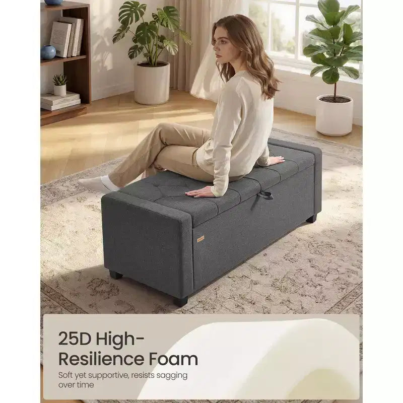 Banc de rangement ottoman, banc de rangement avec pieds, bout de lit avec charnières de sécurité, tirette, tissu aspect lin