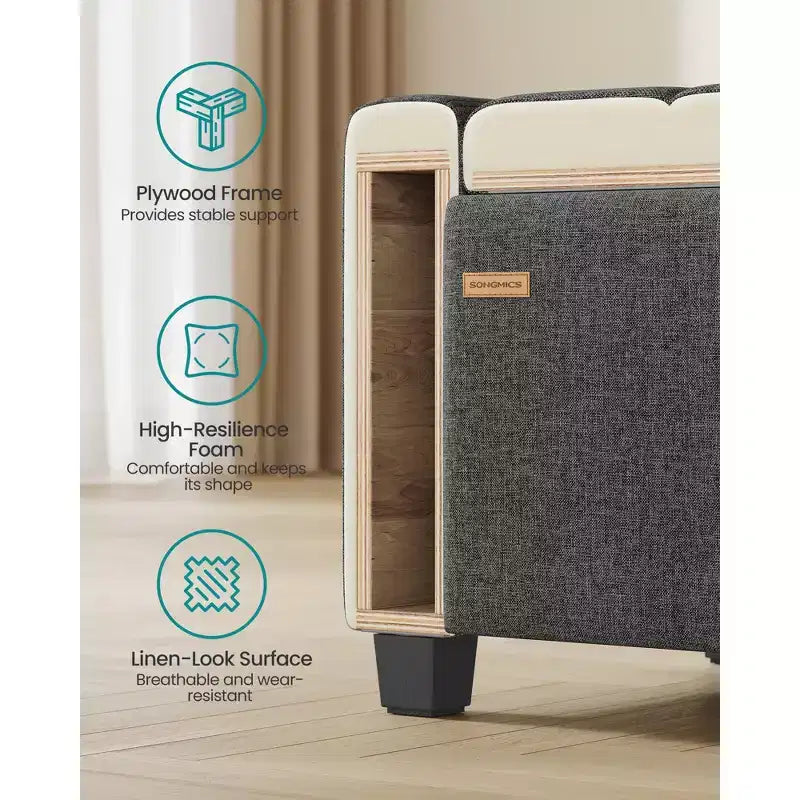 Banc de rangement ottoman, banc de rangement avec pieds, bout de lit avec charnières de sécurité, tirette, tissu aspect lin