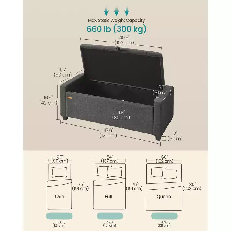 Banc de rangement ottoman, banc de rangement avec pieds, bout de lit avec charnières de sécurité, tirette, tissu aspect lin