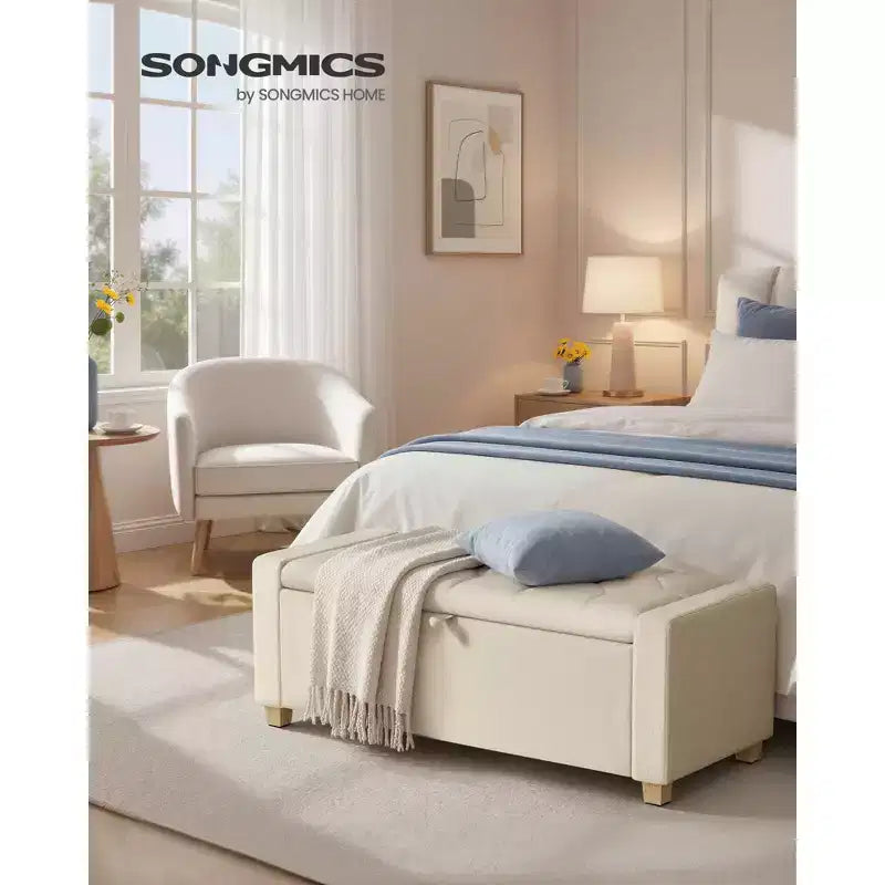 Banc de rangement ottoman, banc de rangement avec pieds, bout de lit avec charnières de sécurité, tirette, tissu aspect lin