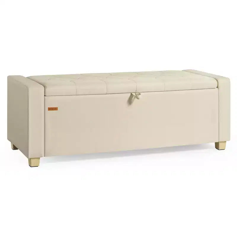 Banc de rangement ottoman, banc de rangement avec pieds, bout de lit avec charnières de sécurité, tirette, tissu aspect lin