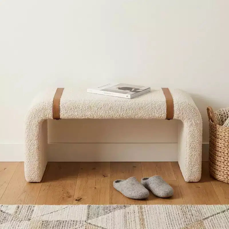 Banc rembourré en bouclette beige et marron et cuir 35