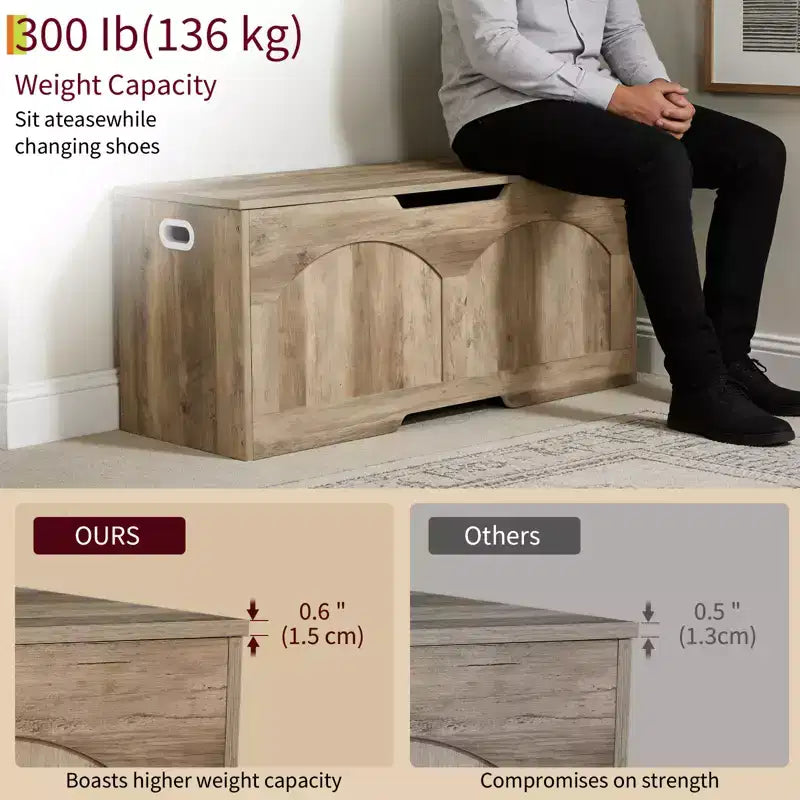 Coffre de rangement en bois de 99,8 cm avec poignée découpée en U, charnière de sécurité, supporte 136 kg et assemblage facile pour organisateur de jouets