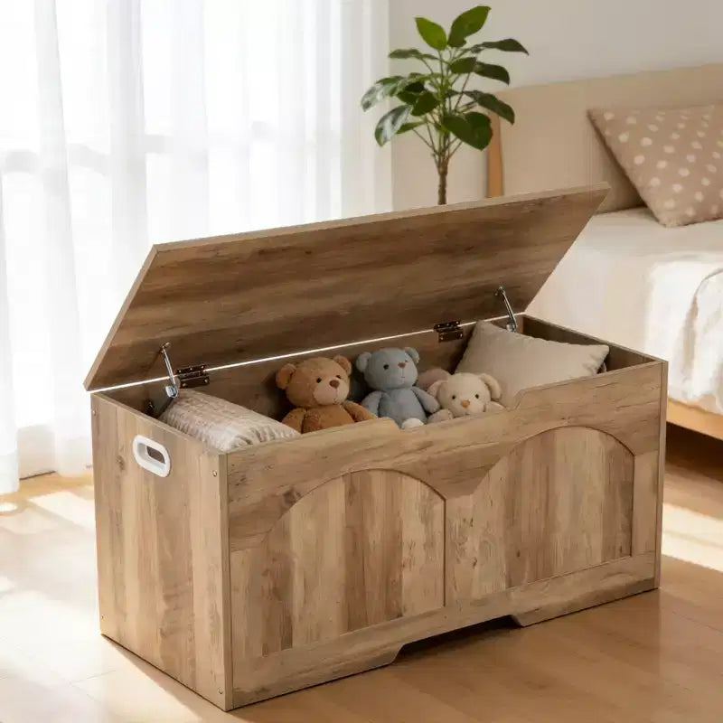 Coffre de rangement en bois de 99,8 cm avec poignée découpée en U, charnière de sécurité, supporte 136 kg et assemblage facile pour organisateur de jouets